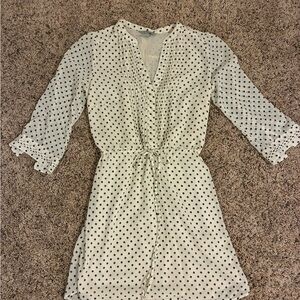 H&M cream/black Polka Dot mini Dress pin tuck detail tie waist silky 3/4 sleeve